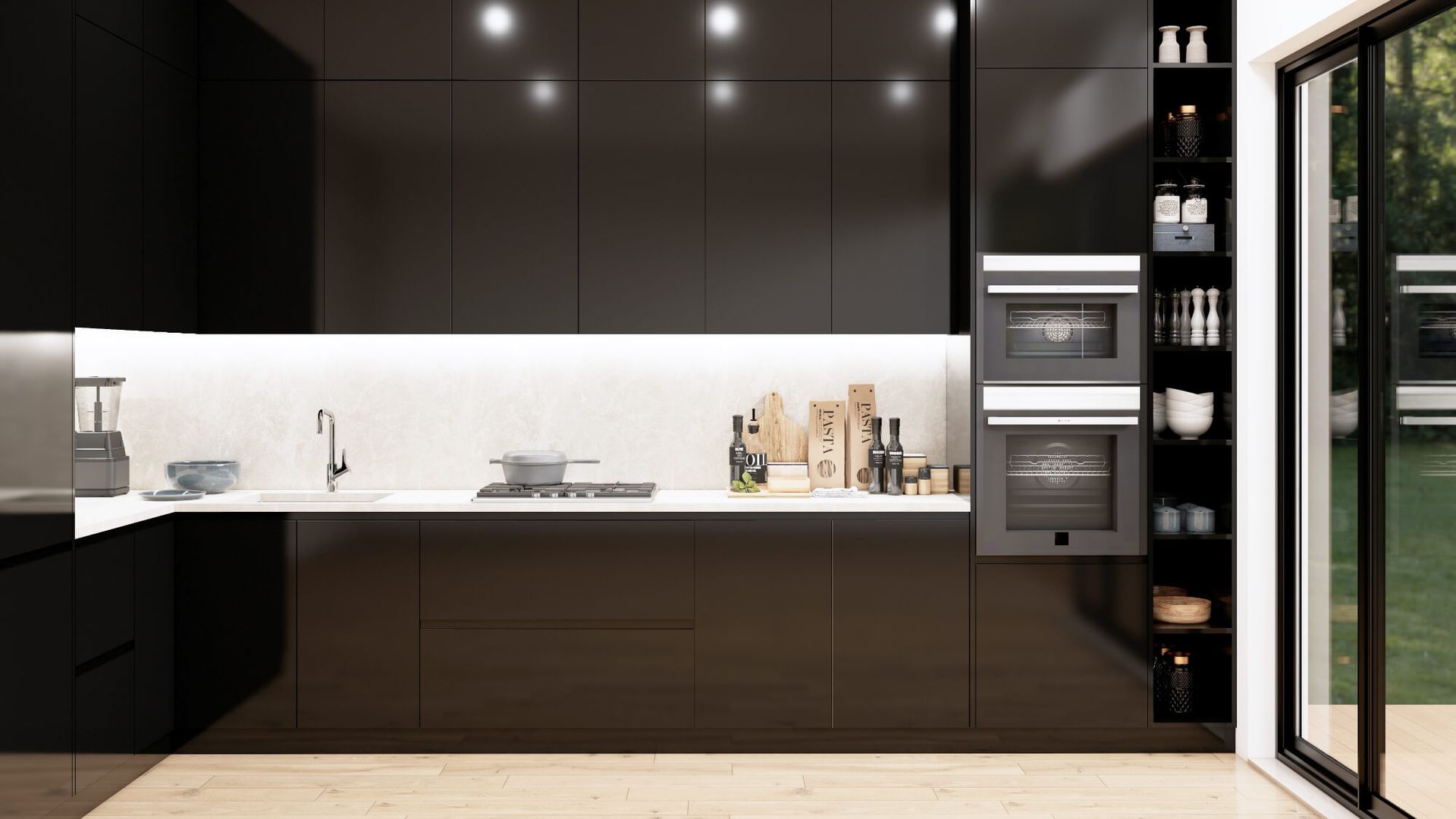 A kitchen with black cabinets and white counter tops