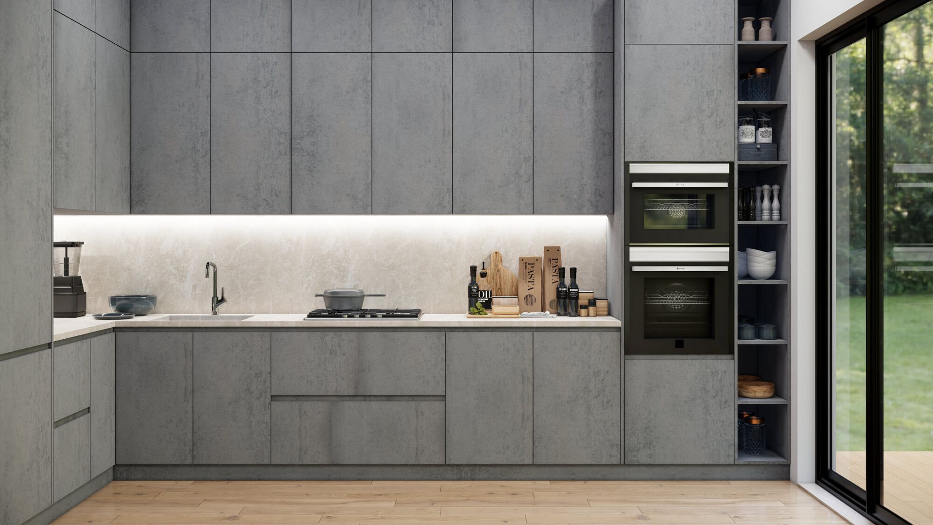A kitchen with gray cabinets and a sliding glass door.