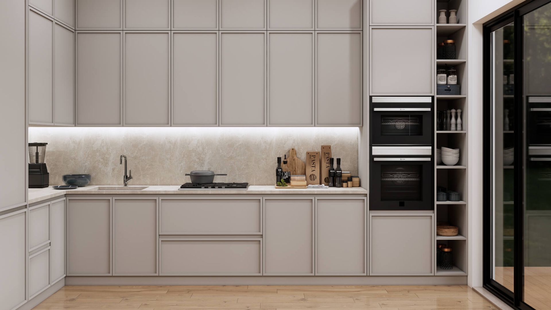 A kitchen with white cabinets , a sink , and a stove.