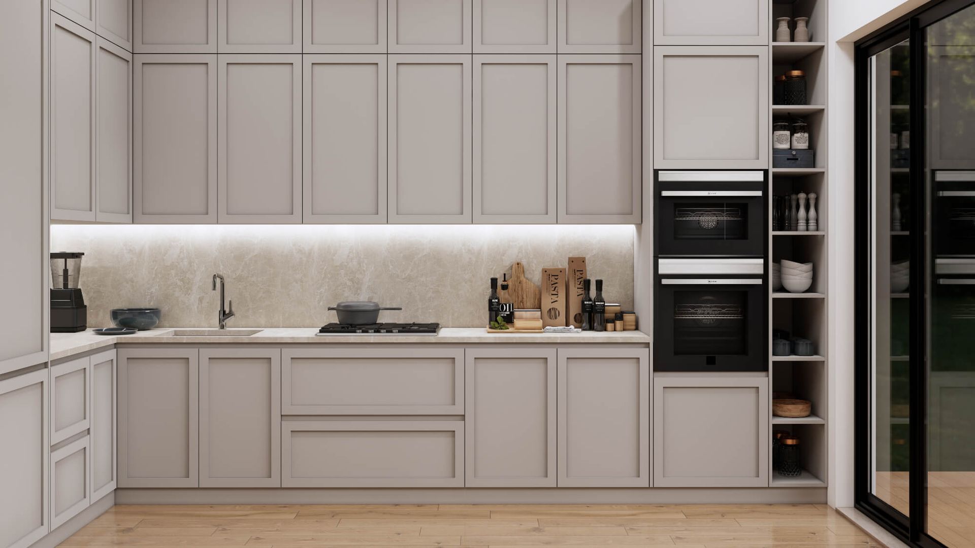 A kitchen with white cabinets , a sink , and a stove.