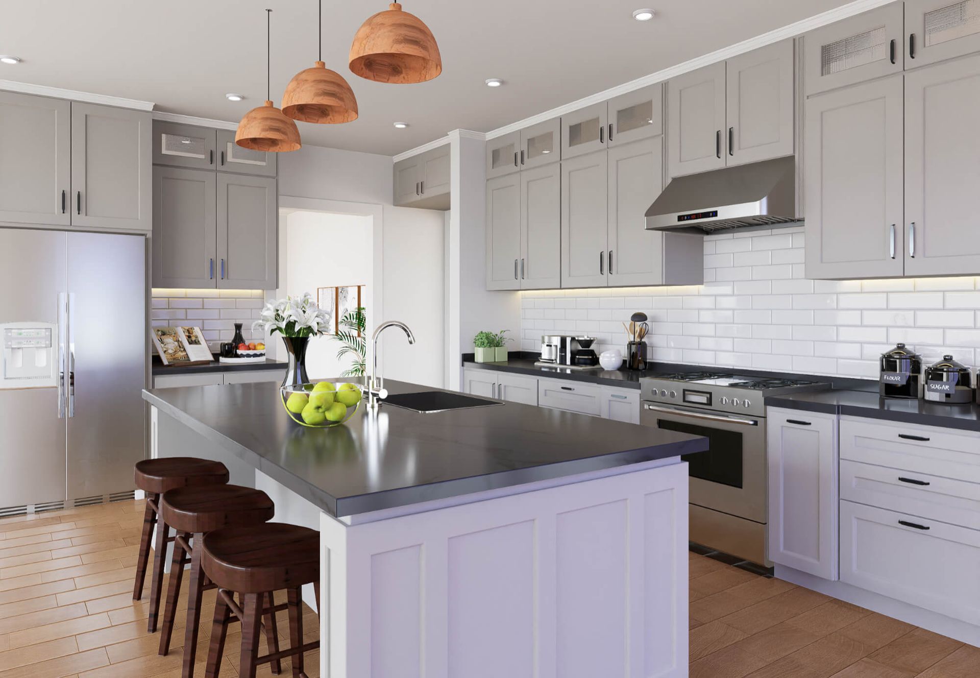 A kitchen with white cabinets and stainless steel appliances and a large island.