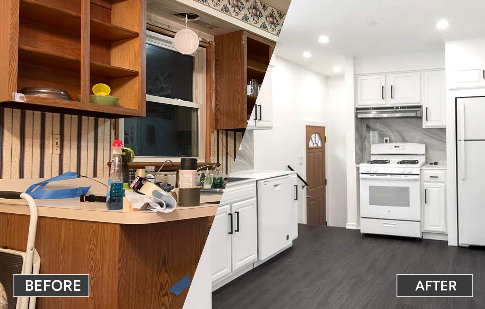 A before and after photo of a kitchen with wooden cabinets and white cabinets.