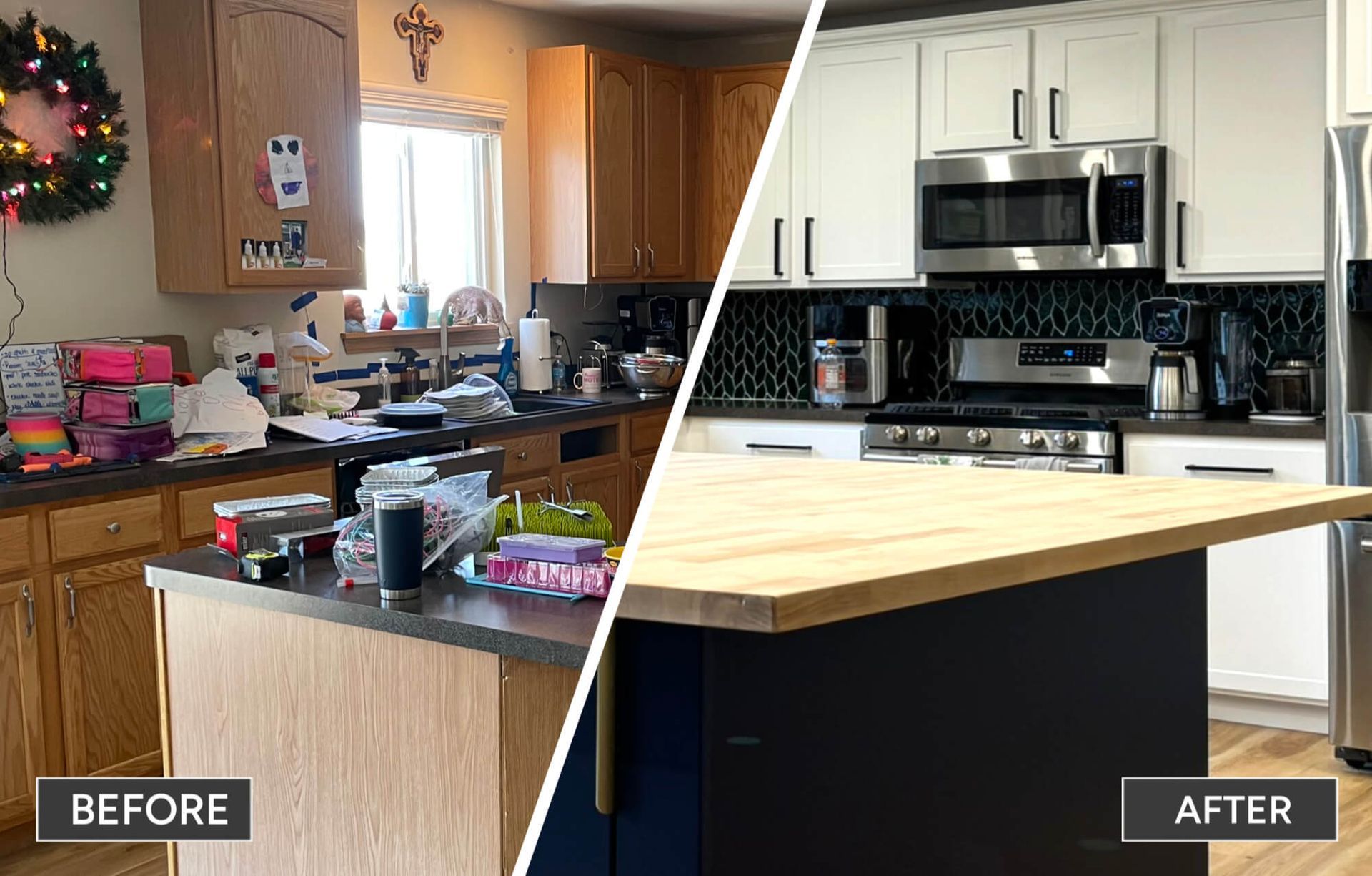 A before and after photo of a kitchen with stainless steel appliances.
