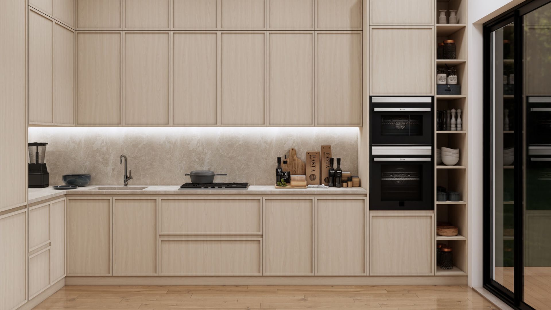 A kitchen with wooden cabinets , a stove , a sink , and a sliding glass door.