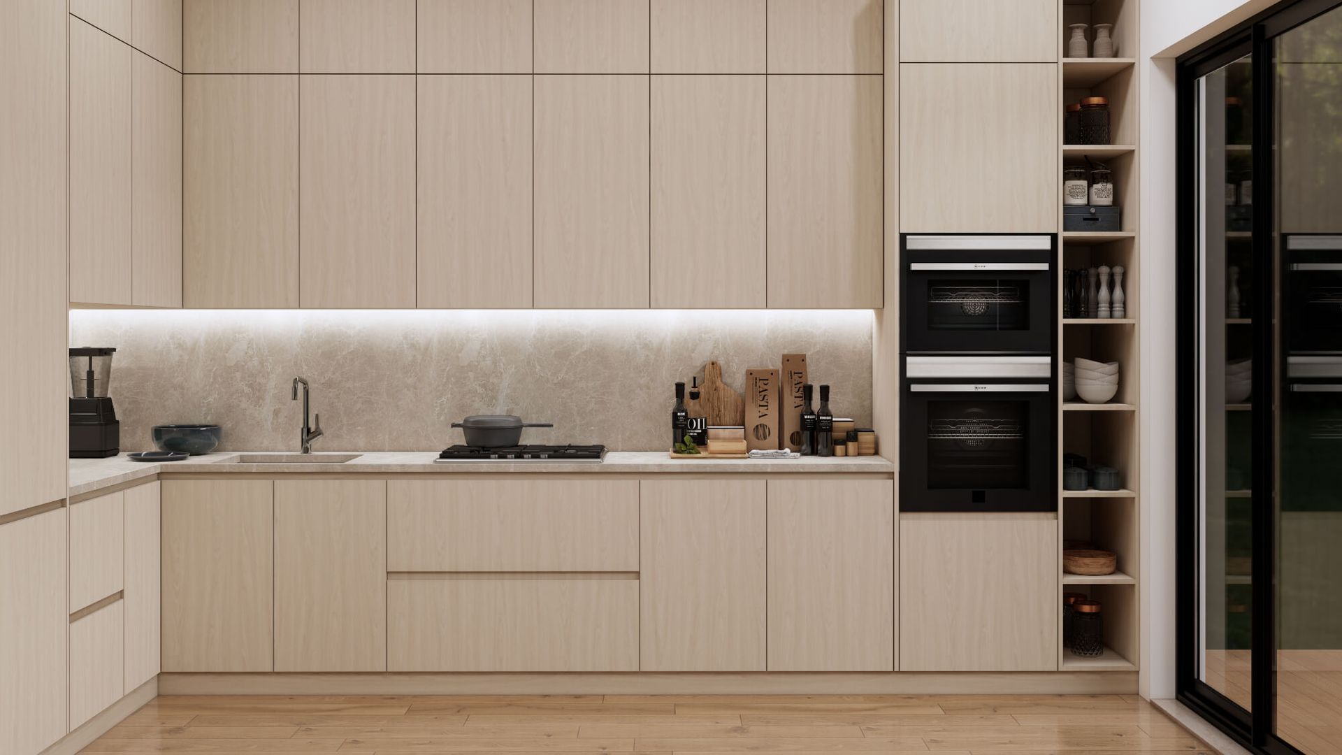It is a kitchen with a lot of cabinets and appliances.
