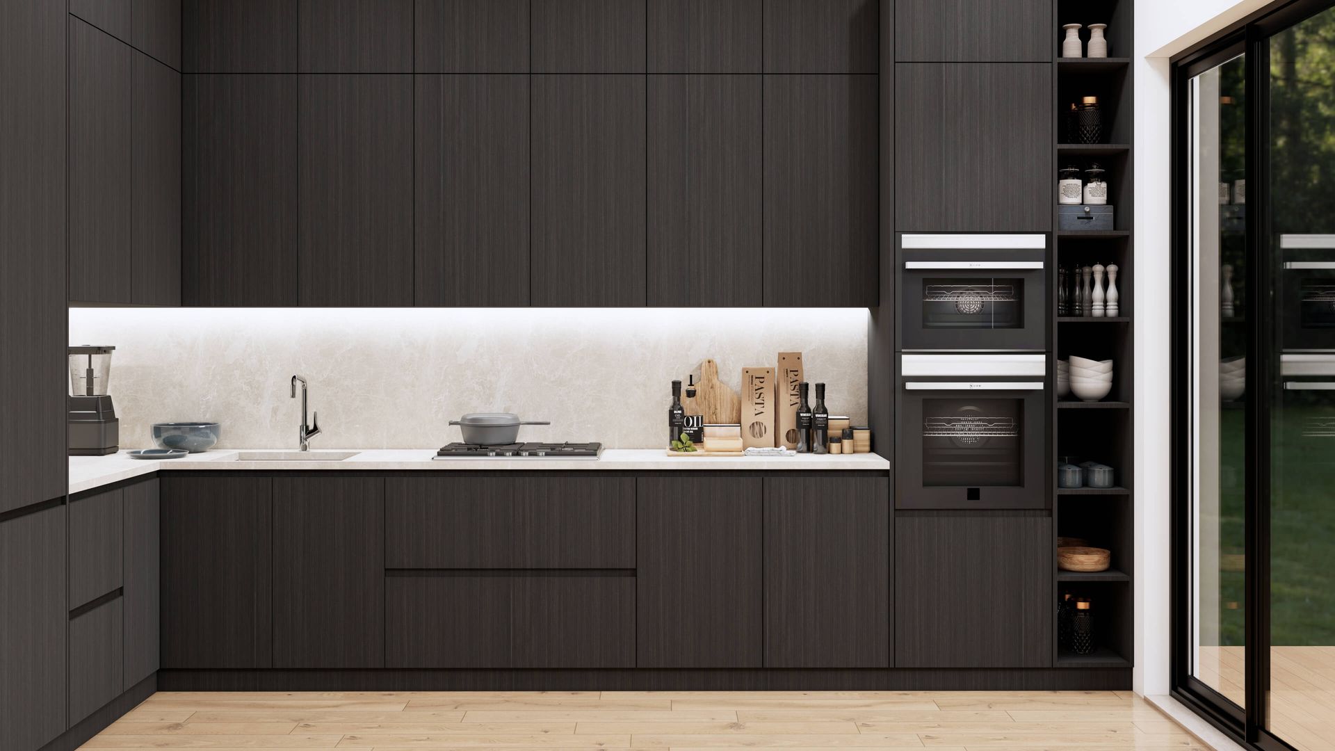 A kitchen with black cabinets and a sliding glass door.