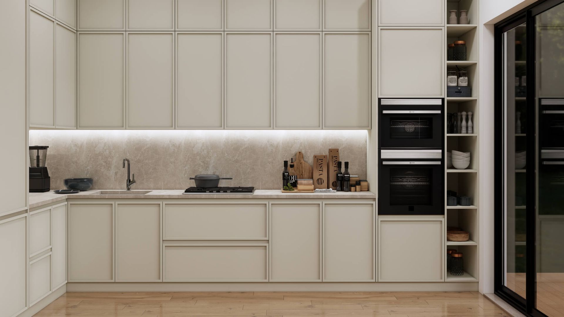 A kitchen with white cabinets , a sink , and a stove.
