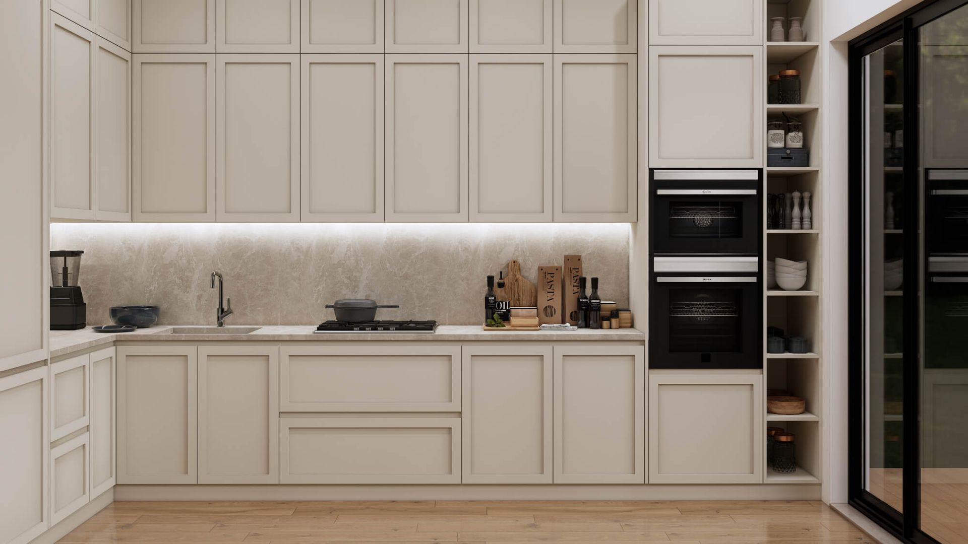 A kitchen with white cabinets , a sink , and a stove.
