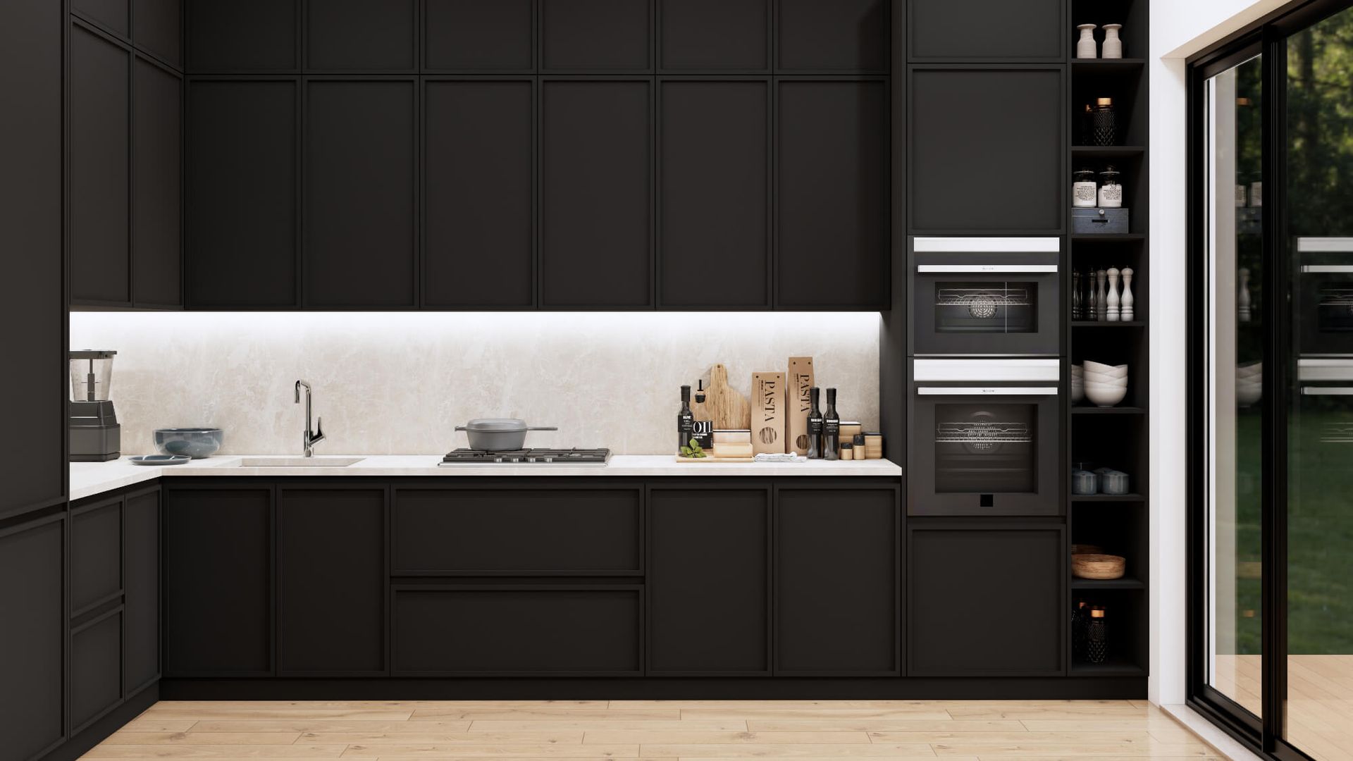 A kitchen with black cabinets , white counter tops , and sliding glass doors.