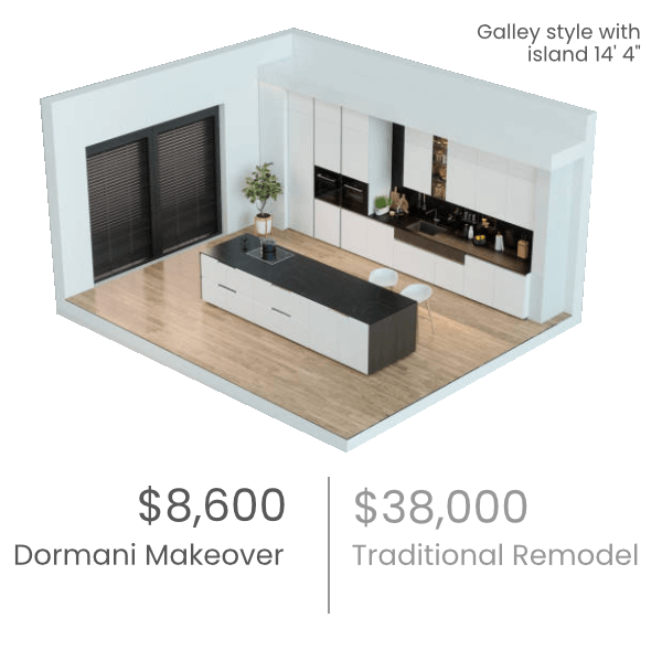 An isometric view of a galley style kitchen with island