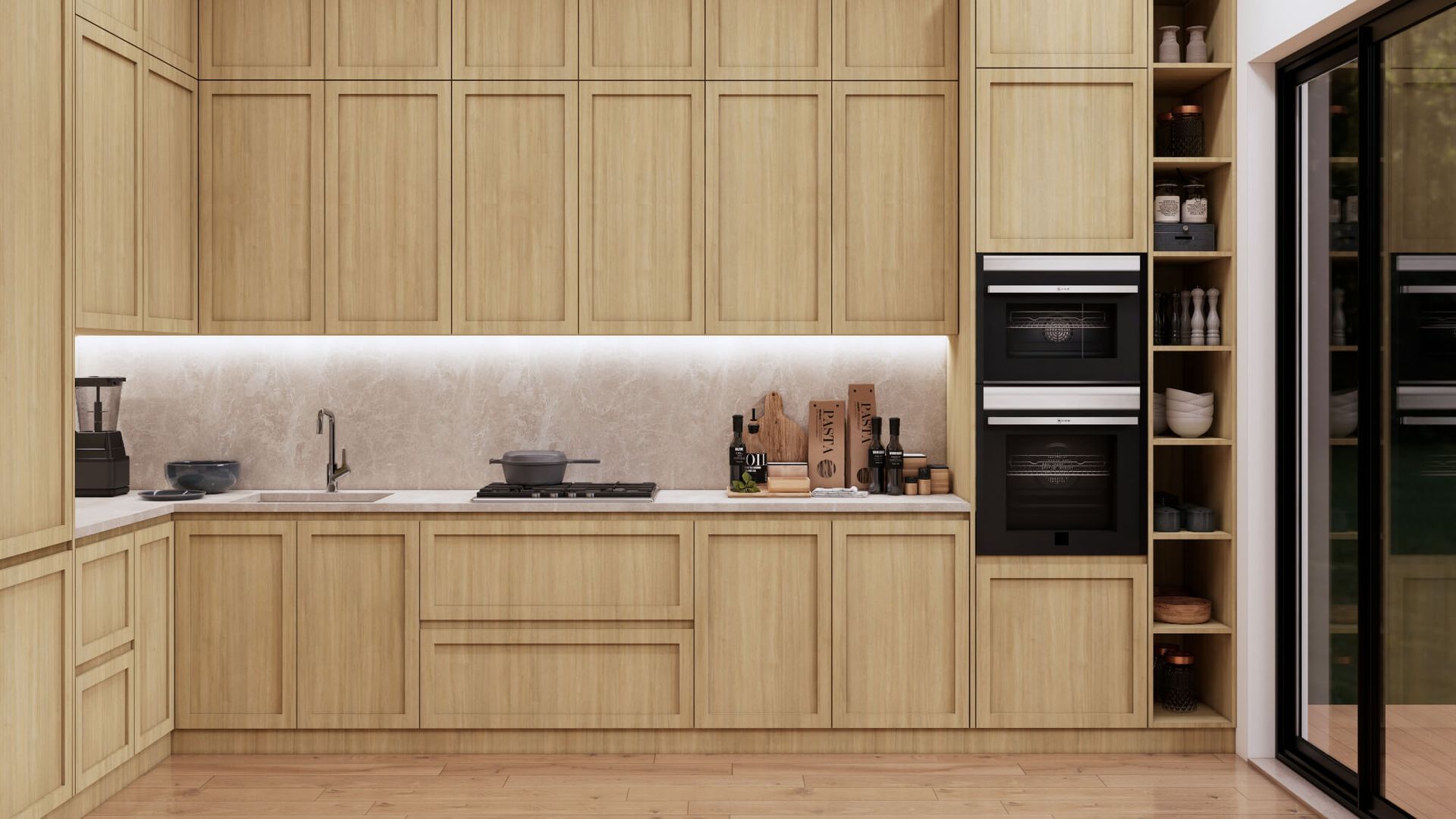 A kitchen with wooden cabinets , a sink , an oven , and a sliding glass door.