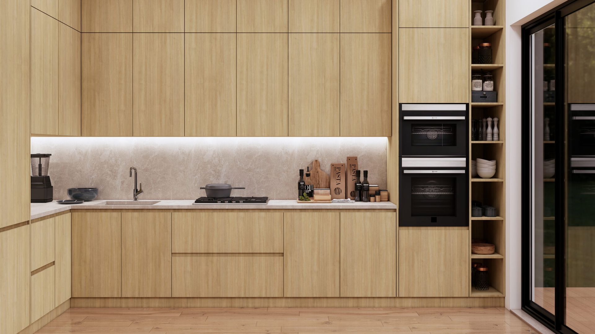 A kitchen with wooden cabinets , a sink , an oven , and a sliding glass door.