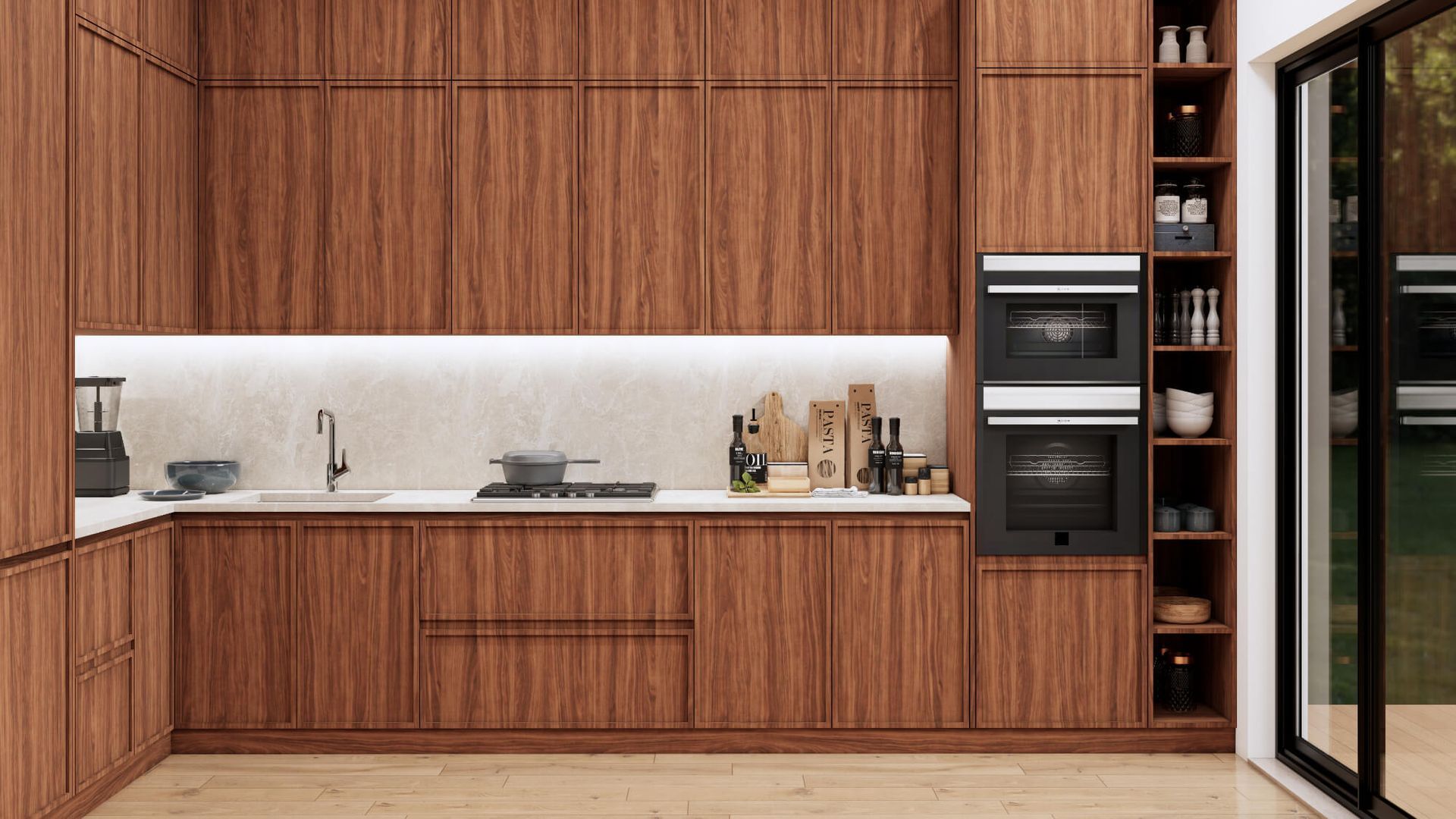 A kitchen with wooden cabinets and a sliding glass door.