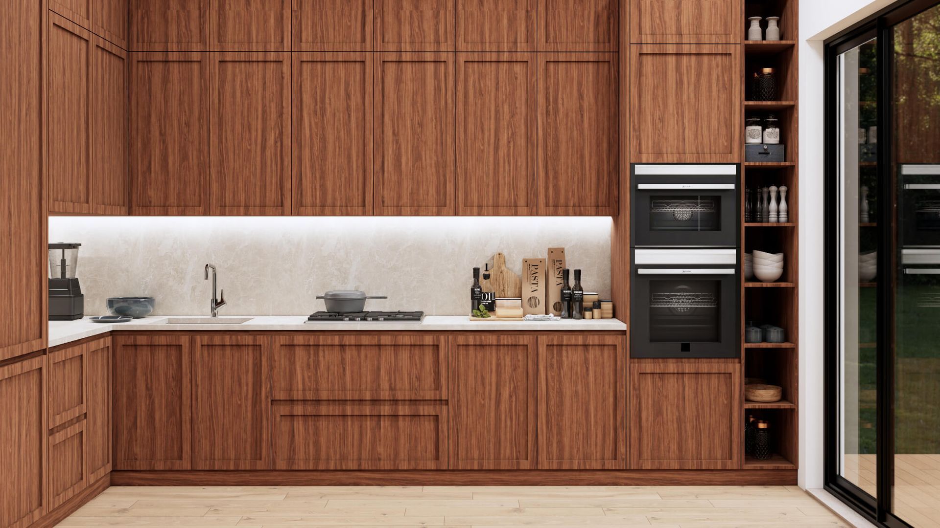A kitchen with wooden cabinets , a sink , and a stove.