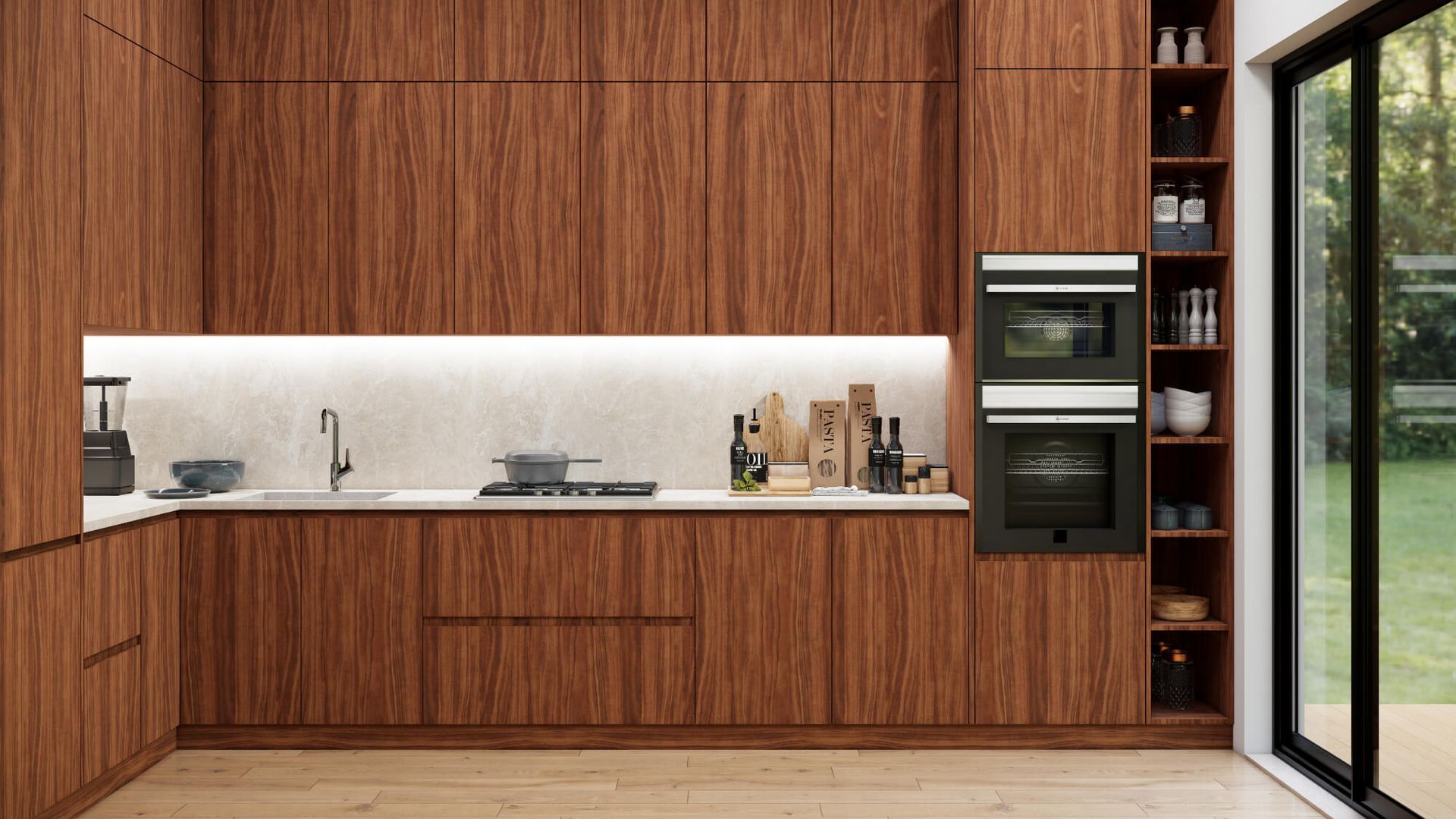 A kitchen with wooden cabinets and a sliding glass door.