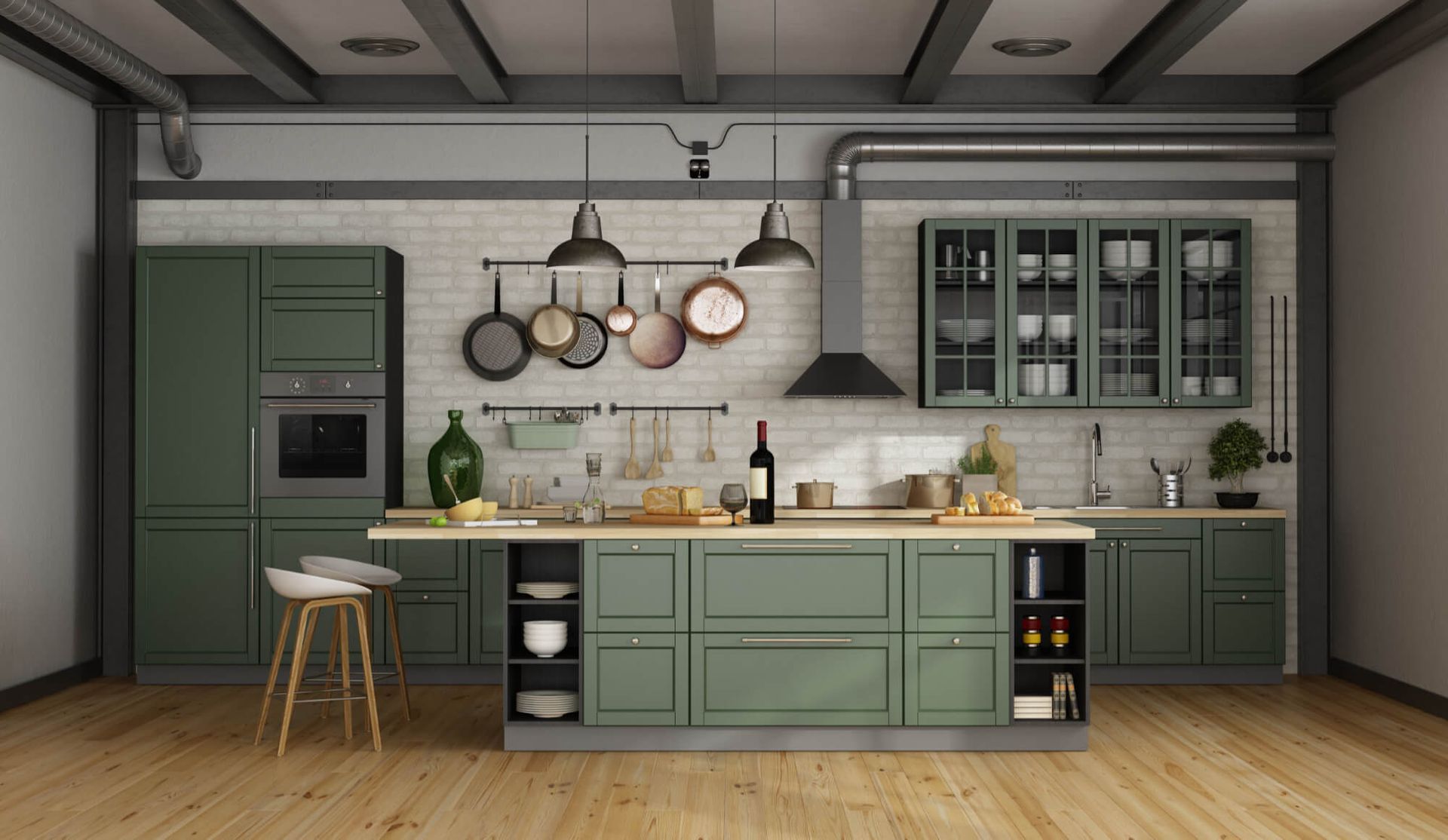 A modern kitchen with green cabinets and a wooden floor.