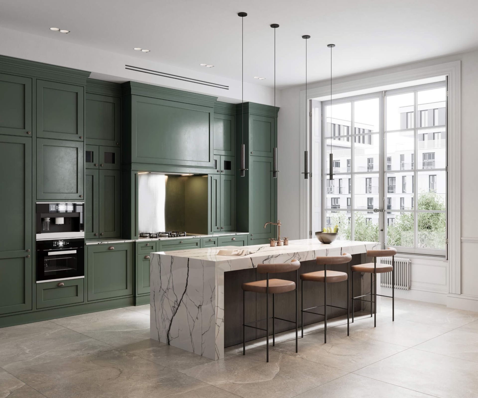 A kitchen with green cabinets and a large island with stools.