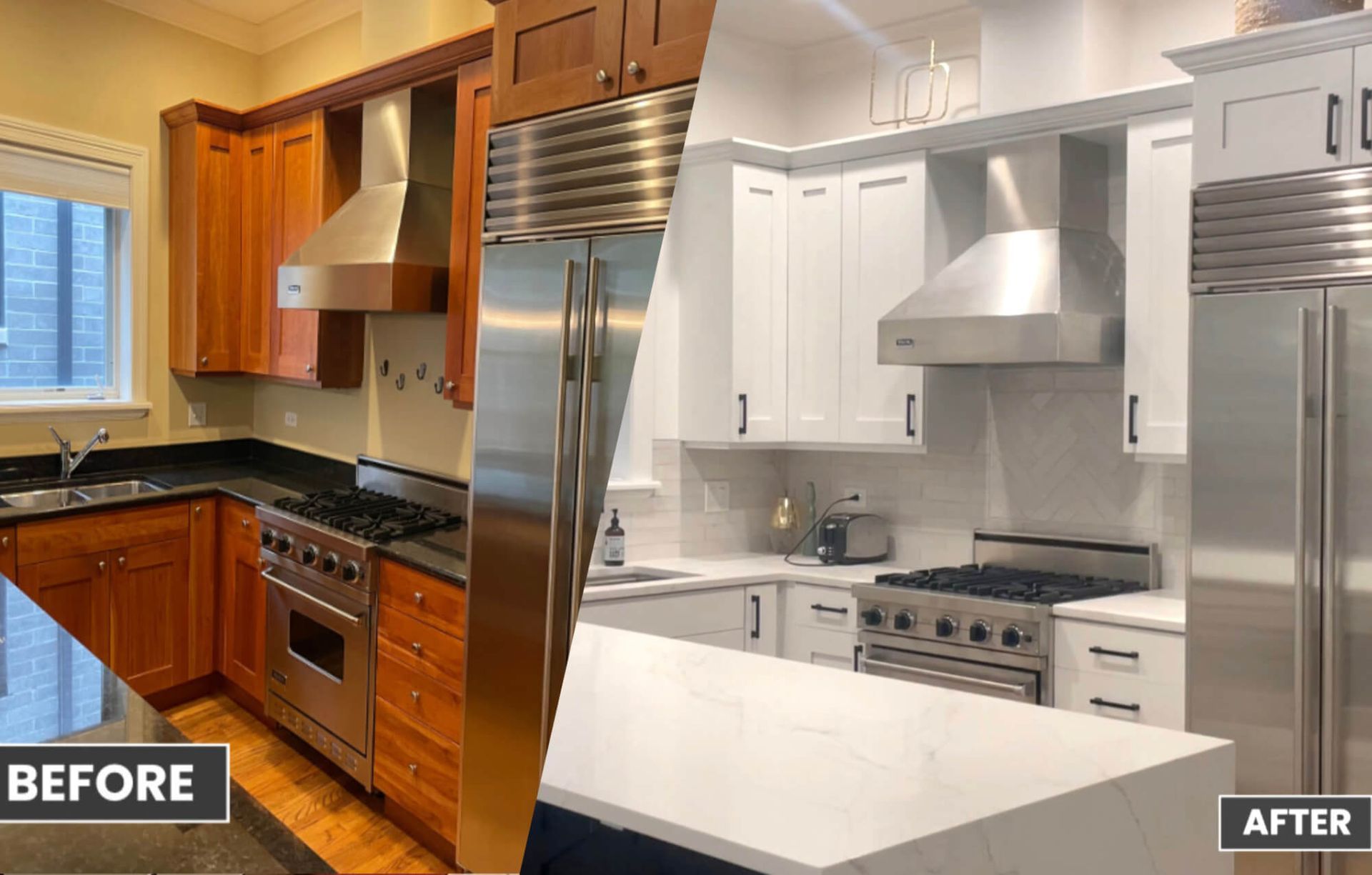 A before and after photo of a kitchen with wooden cabinets and stainless steel appliances.
