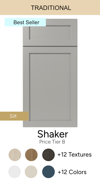 A traditional shaker cabinet door with 12 textures and 12 colors
