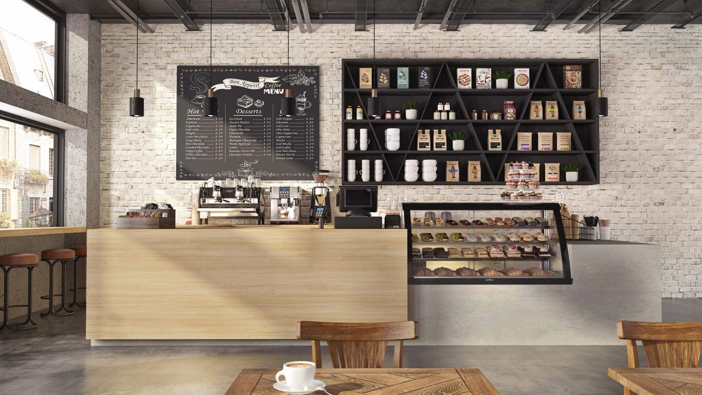 A coffee shop with tables and chairs and a counter.