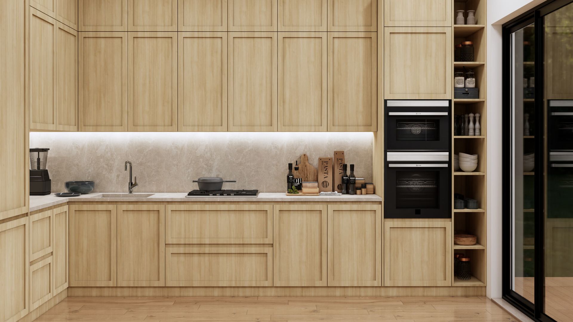 A kitchen with wooden cabinets , a sink , and a stove.