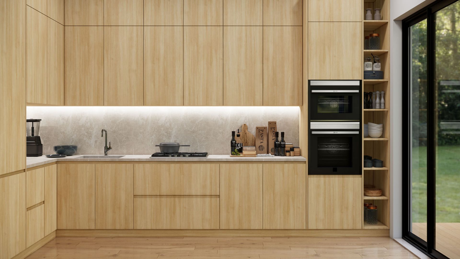 A kitchen with wooden cabinets and a sliding glass door.