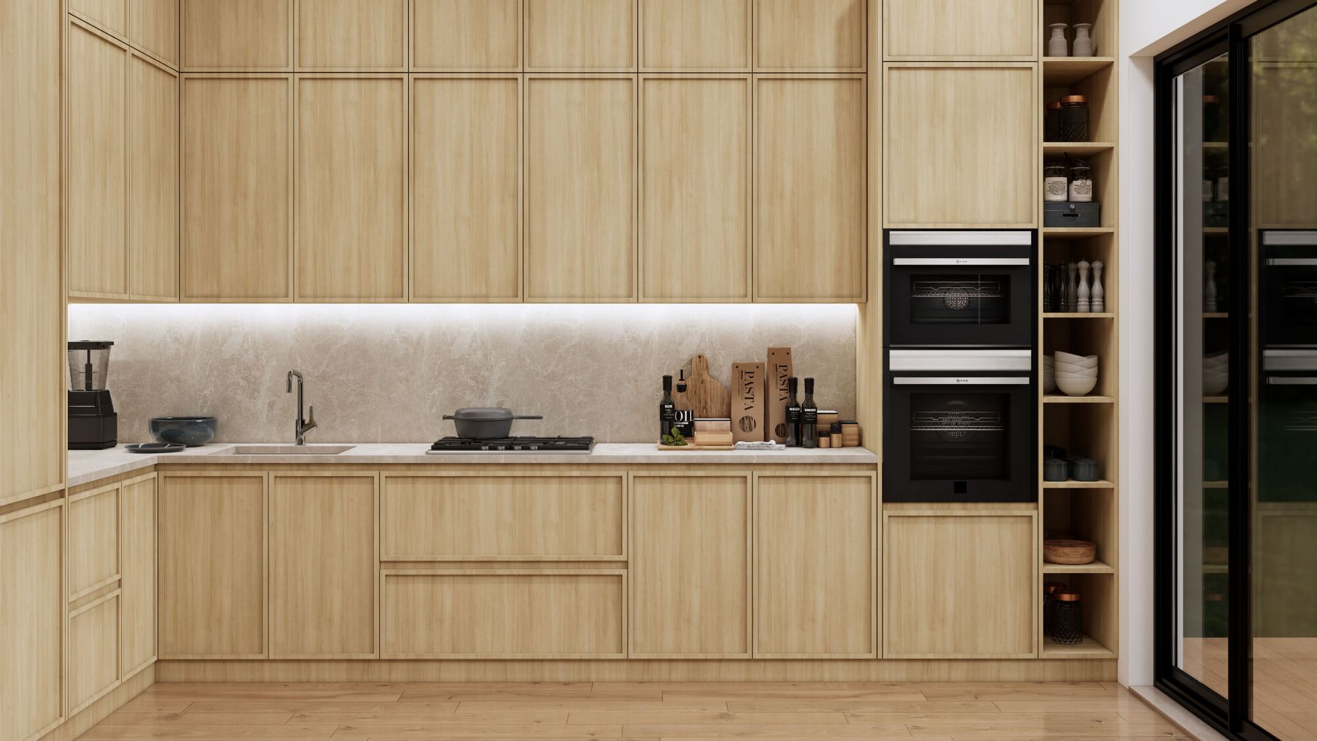 A kitchen with wooden cabinets , a sink , an oven , and a sliding glass door.