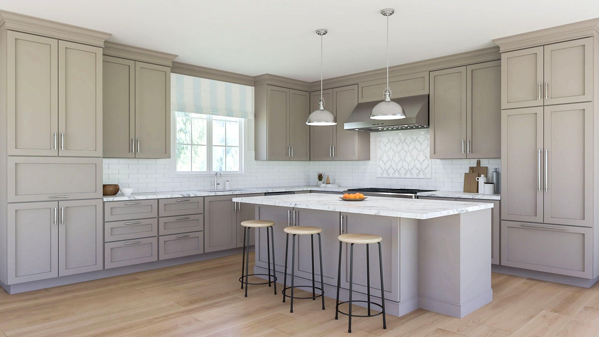 A kitchen with gray cabinets , white counter tops , and a large island.