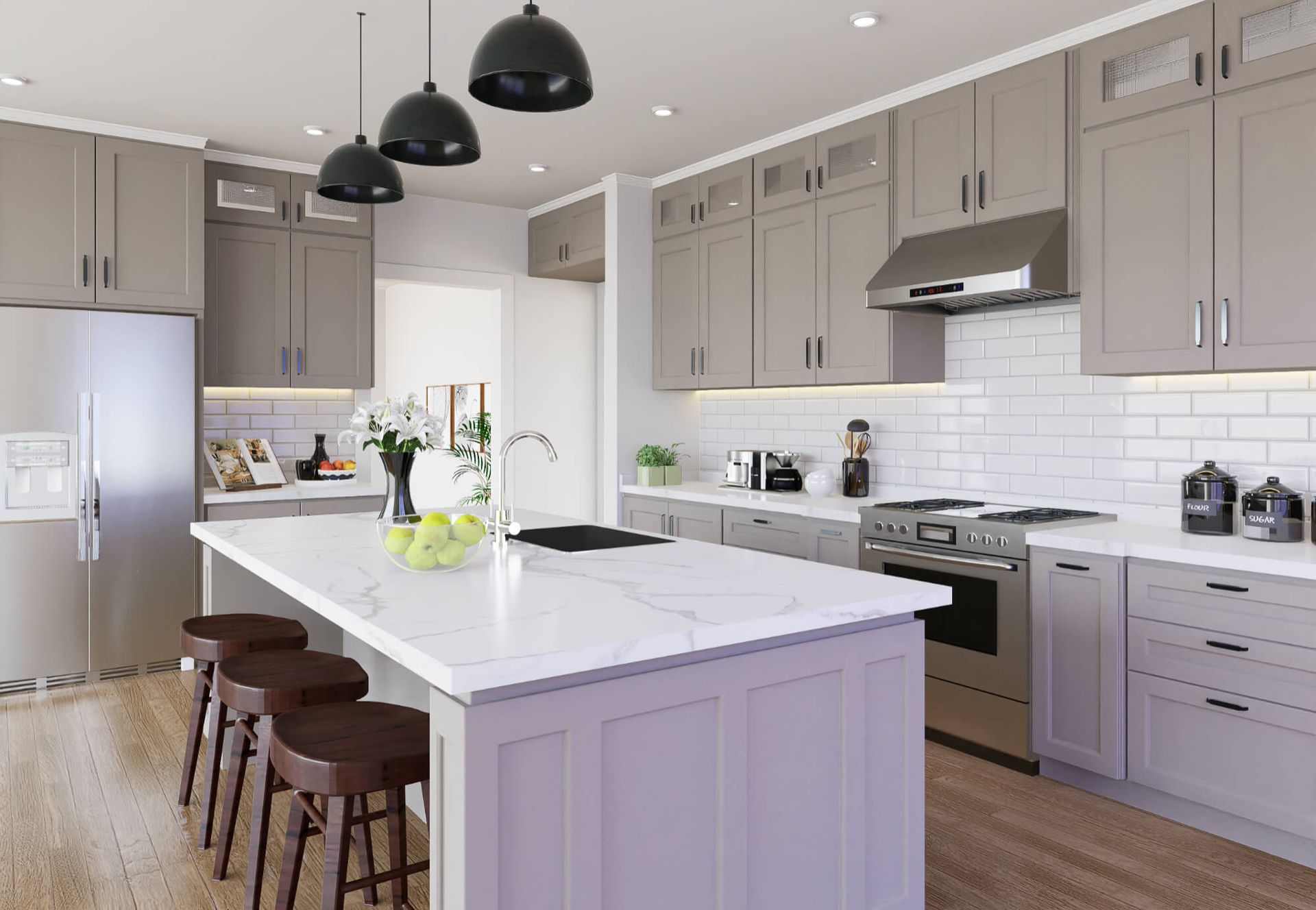 A kitchen with gray cabinets , white counter tops , stainless steel appliances and a large island.