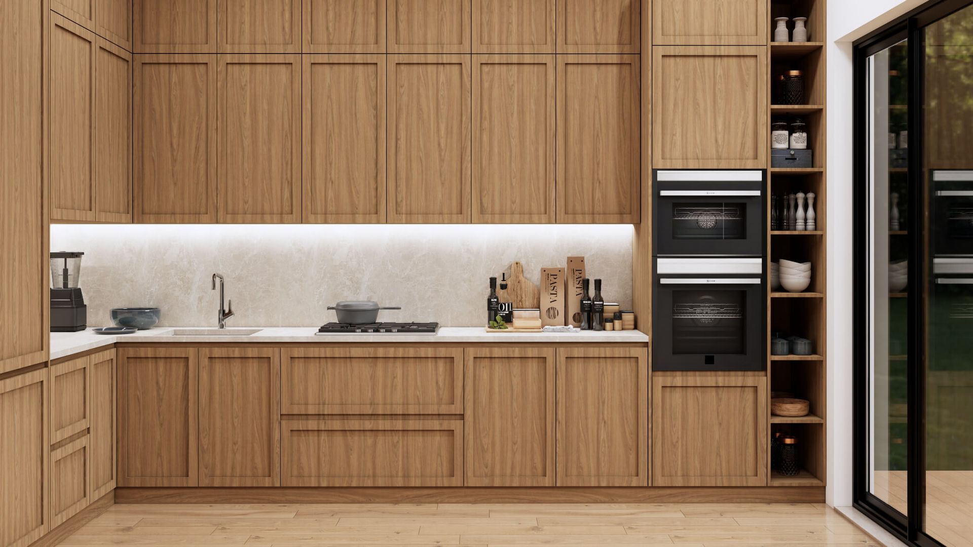 A kitchen with wooden cabinets , a sink , and a stove.