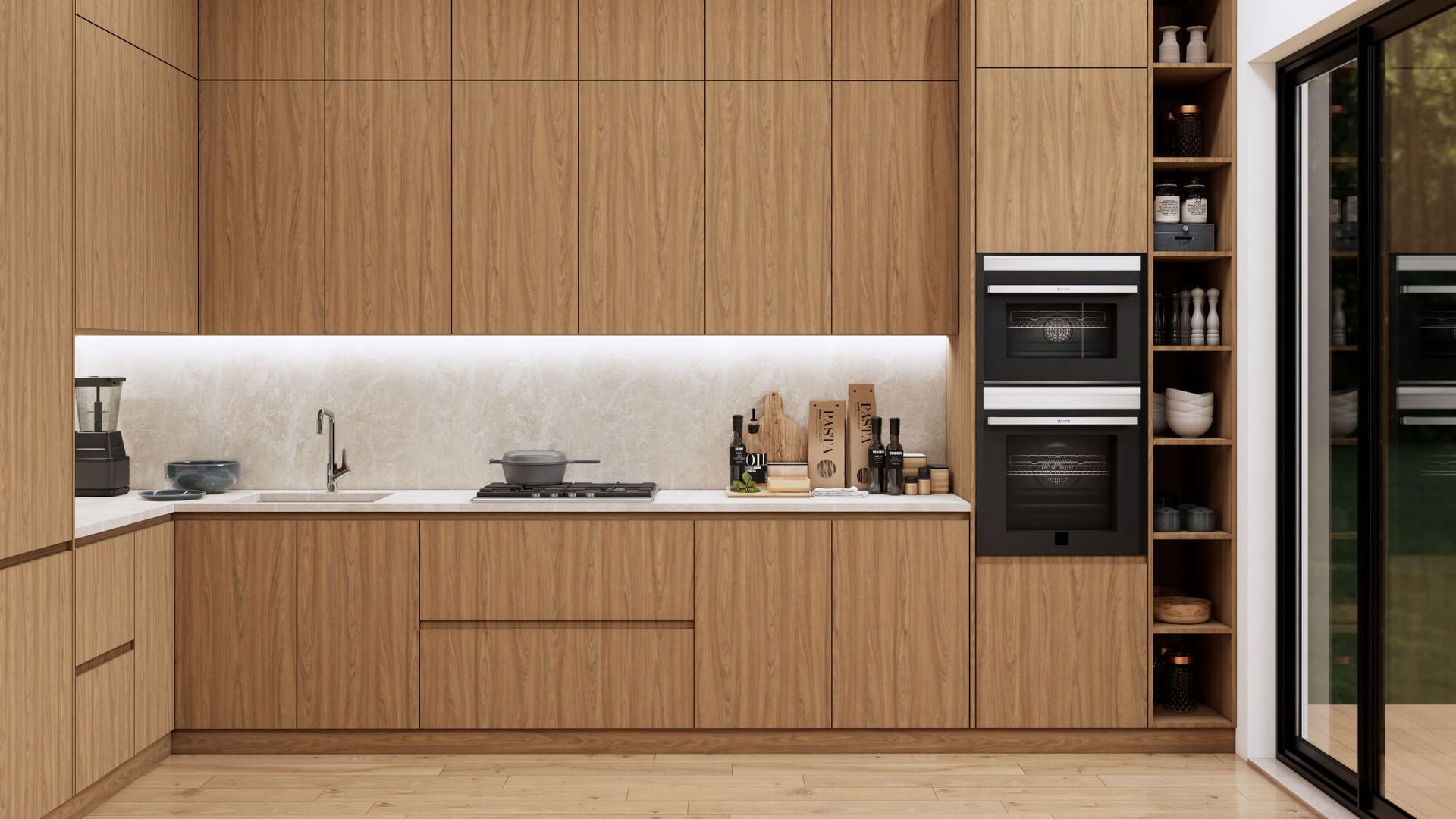 A kitchen with wooden cabinets , a sink , and a stove.