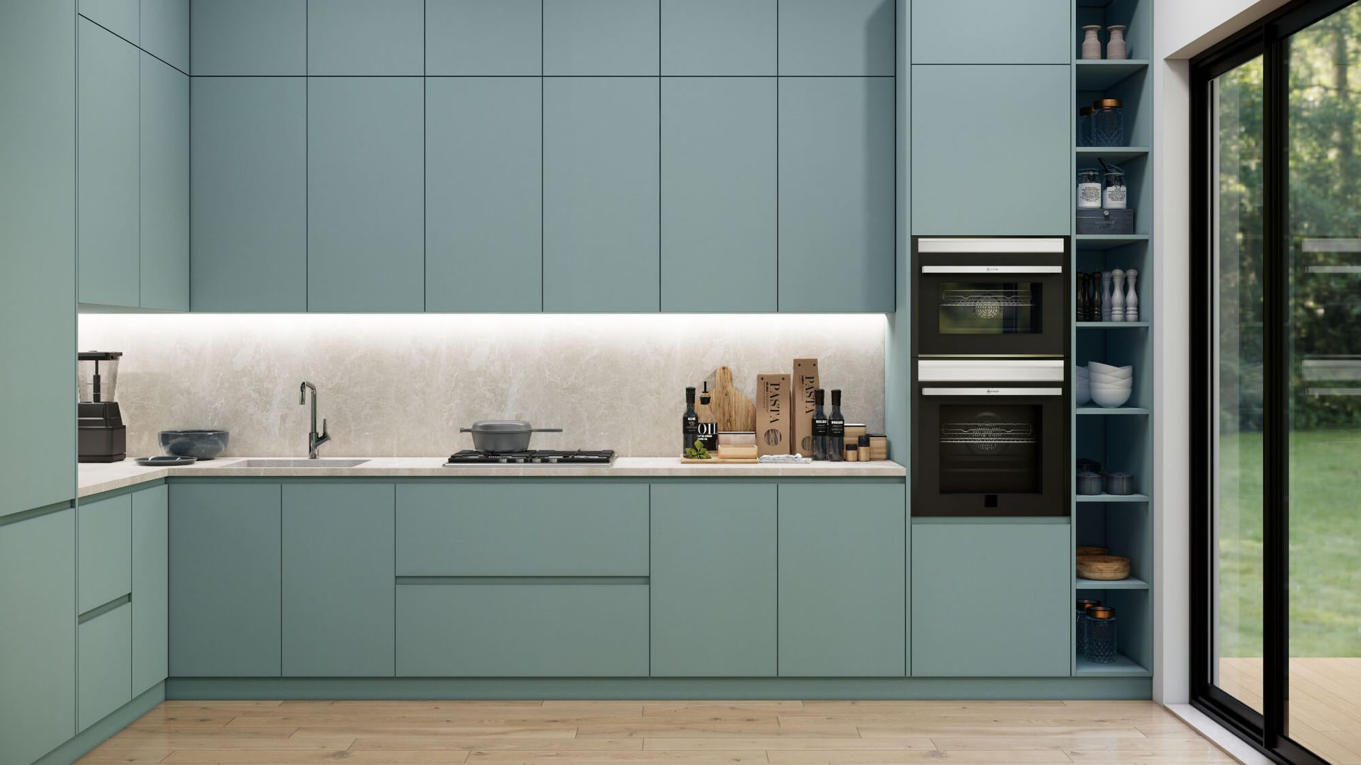 A kitchen with blue cabinets and a sliding glass door.