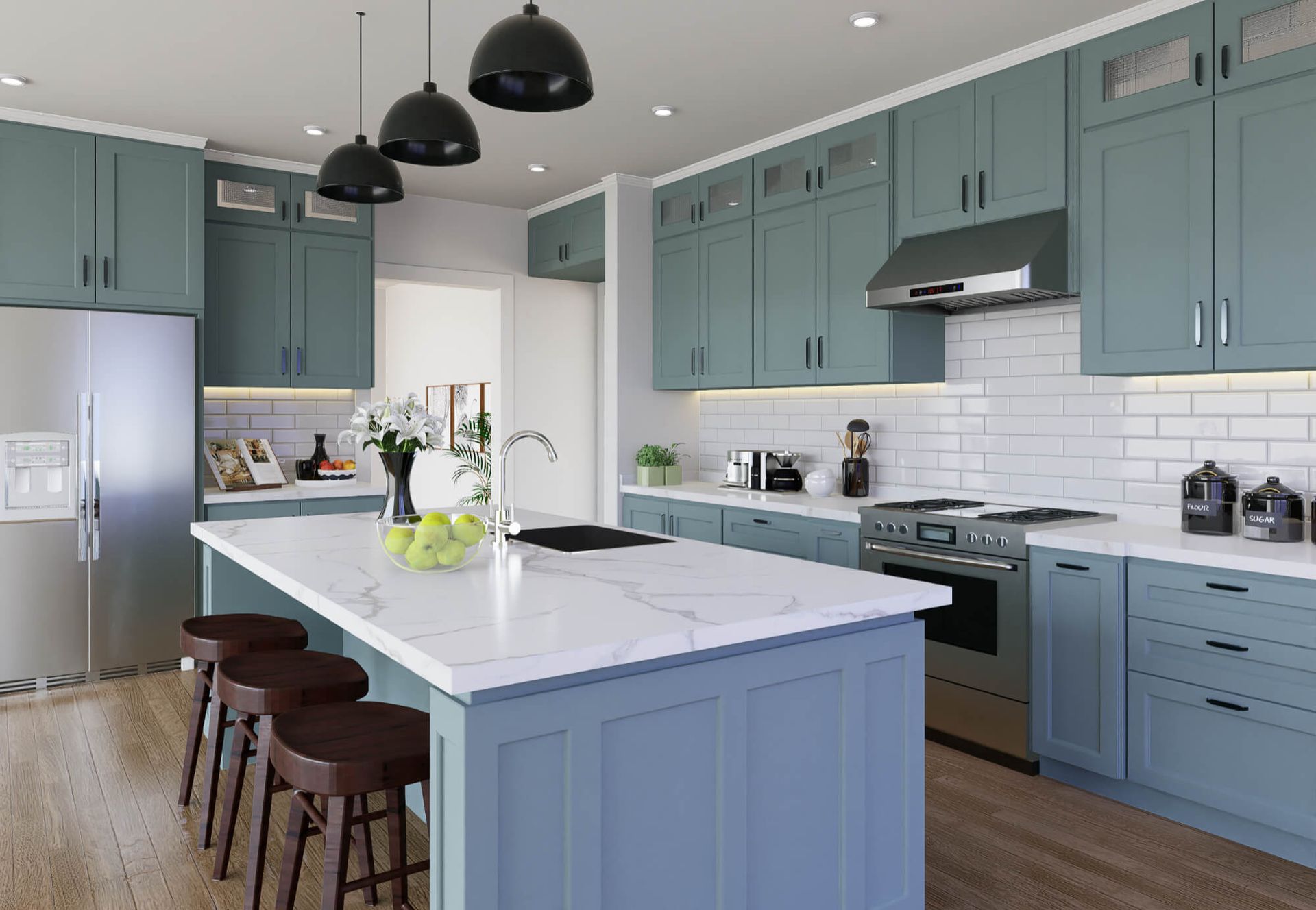 A kitchen with blue cabinets , white counter tops , stainless steel appliances and a large island.