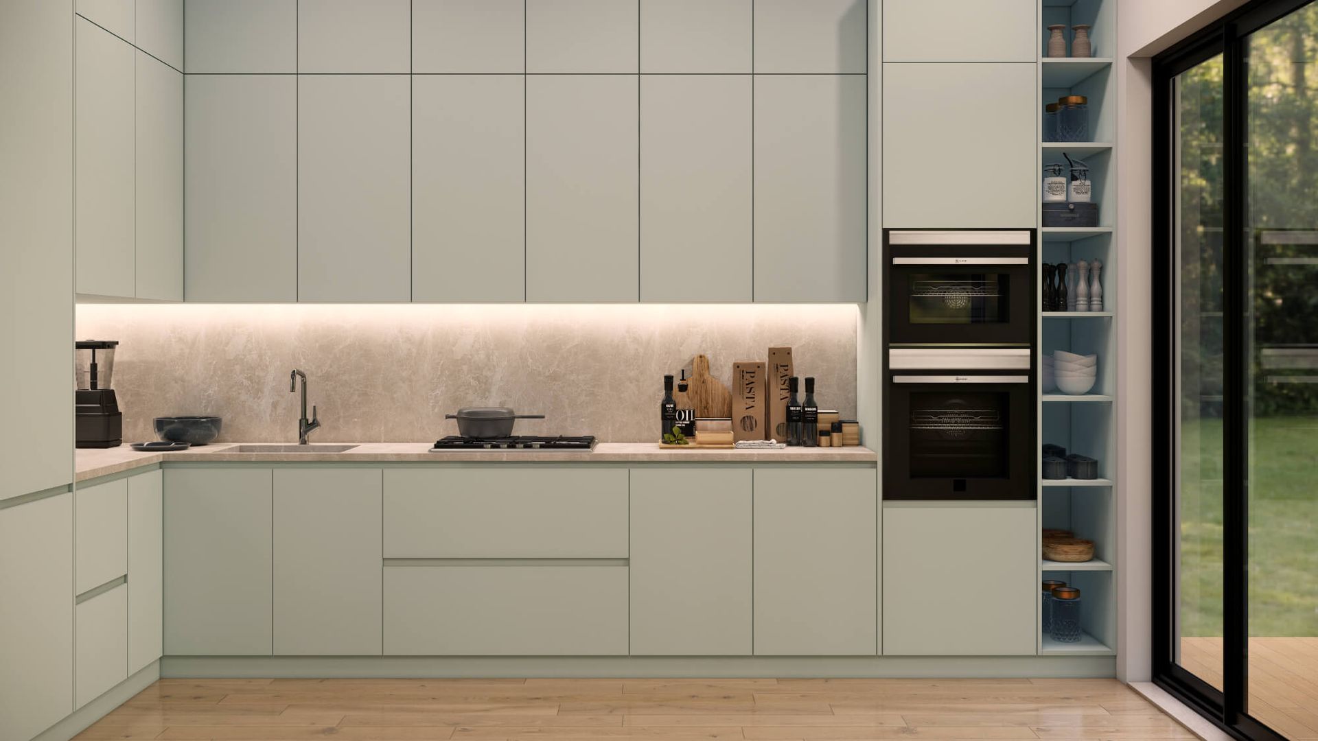 A kitchen with white cabinets , a stove , a microwave , and a sliding glass door.