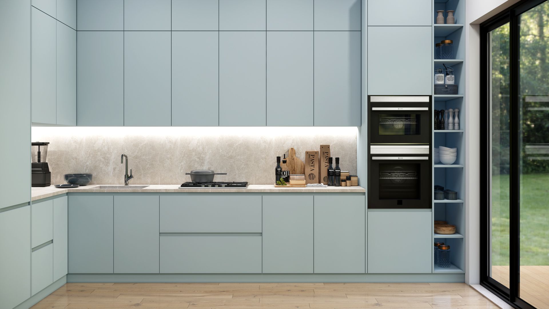 A kitchen with light blue cabinets and a black oven.