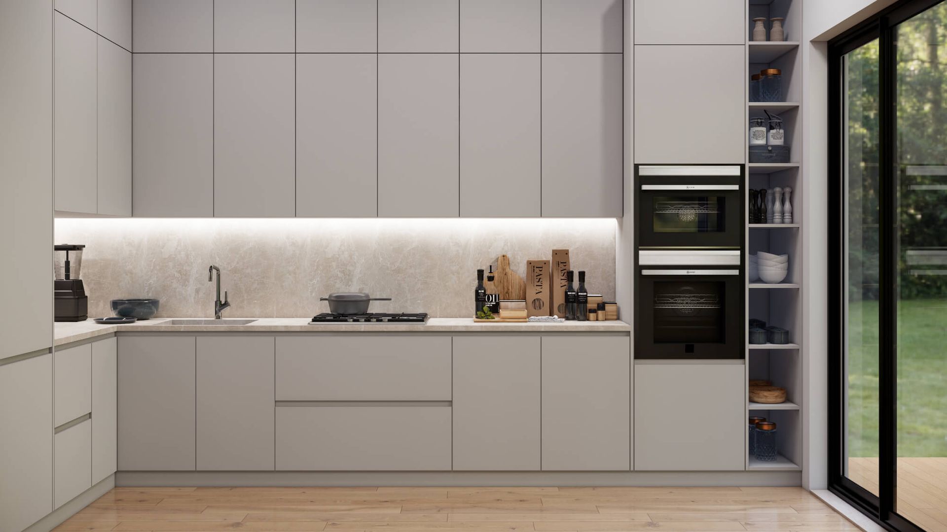 A kitchen with white cabinets and a sliding glass door.