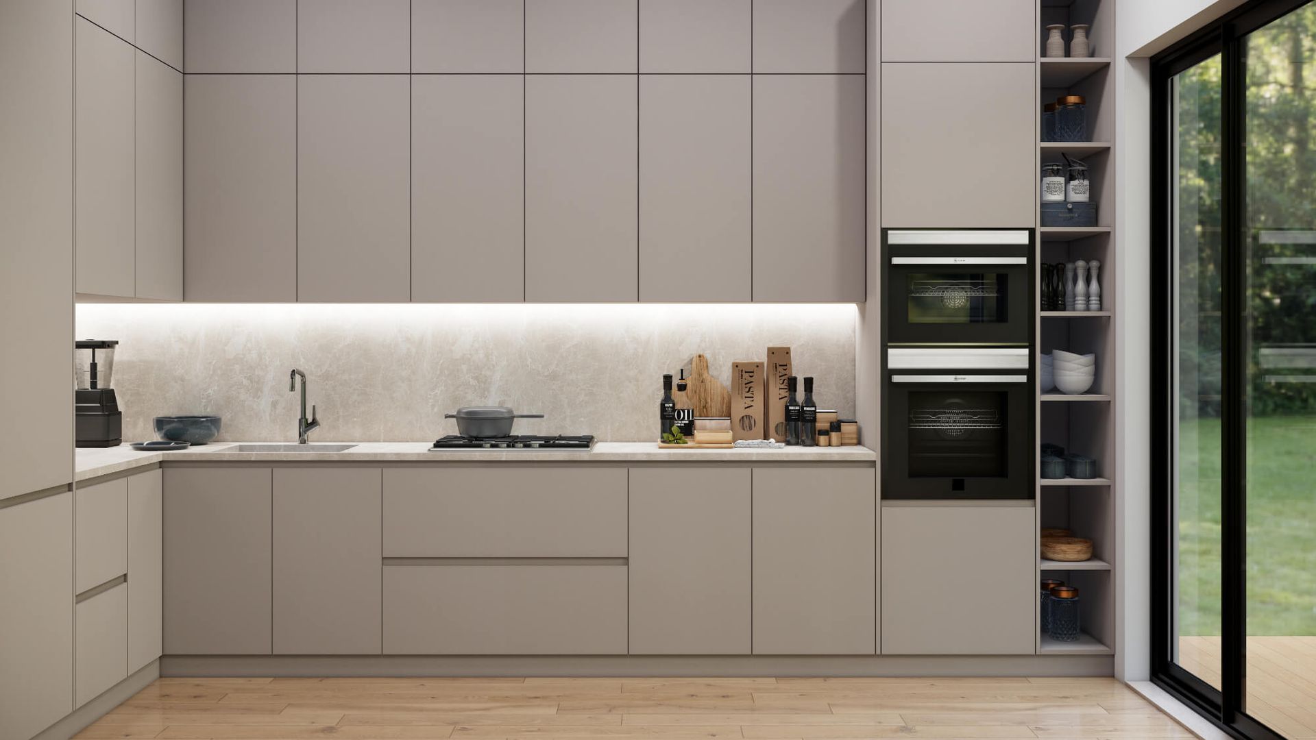 A kitchen with sliding glass doors and a stove top oven.