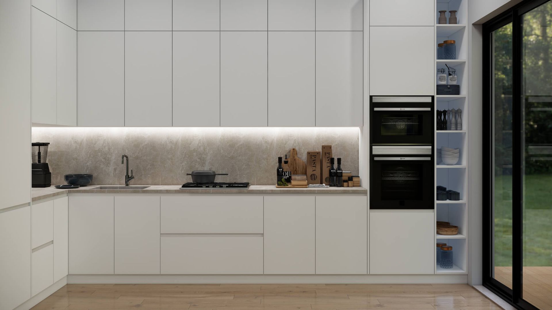 A kitchen with white cabinets , black appliances , a sink , and a sliding glass door.