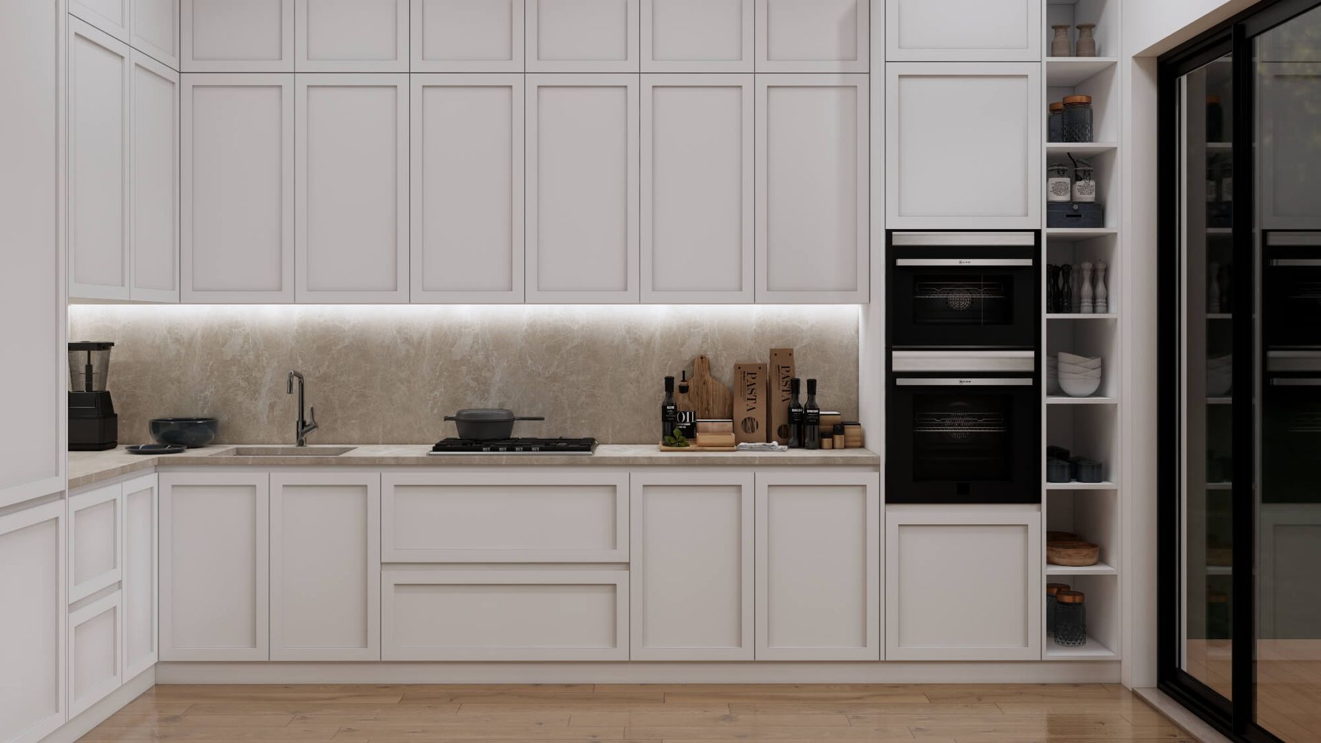 A kitchen with white cabinets , a sink , and a stove.