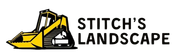 Logo for Stitch's Landscape. Features a yellow bulldozer and black text that reads "Stitch's Landscape".