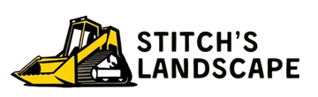 Logo for Stitch's Landscape. Features a yellow bulldozer and black text that reads "Stitch's Landscape".
