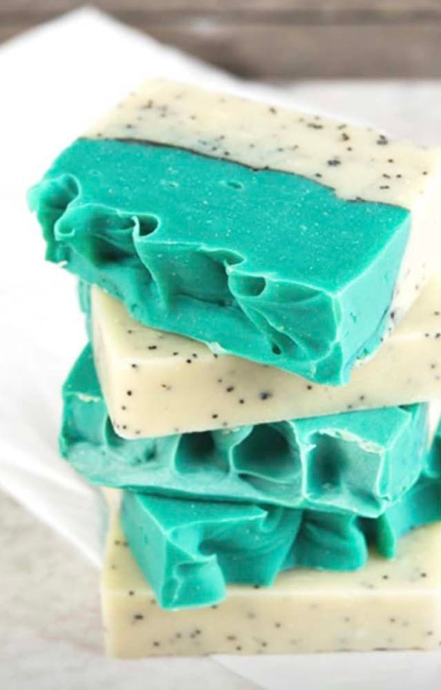 Three pieces of soap are stacked on top of each other.