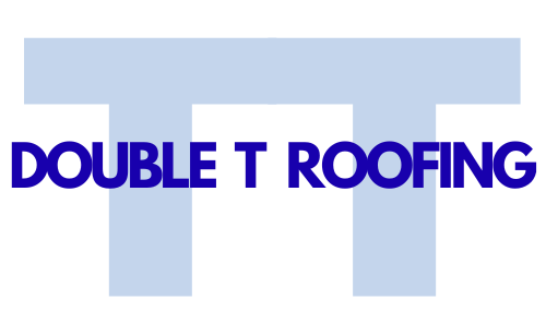 Logo for Double T Roofing with the words "DOUBLE T ROOFING" in blue over a blue capital "T" shape.