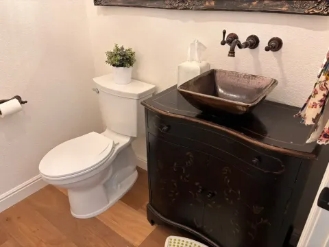 A bathroom with a white toilet and a dark, ornate vanity featuring a copper-toned vessel sink and wall-mounted faucet.