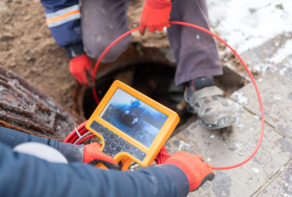 A worker wearing red gloves holds a sewer camera monitor while feeding a red cable into an open manhole.