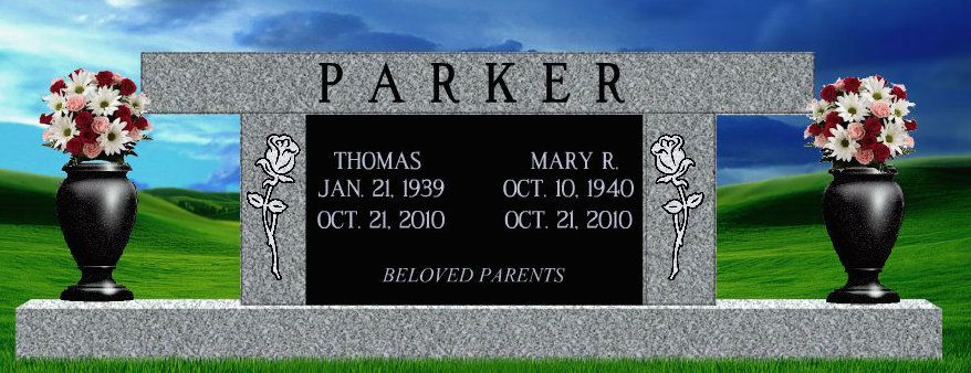 A gravestone for parker with two vases of flowers