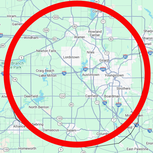 Map of northeastern Ohio, circled in red, with cities like Warren and Youngstown.