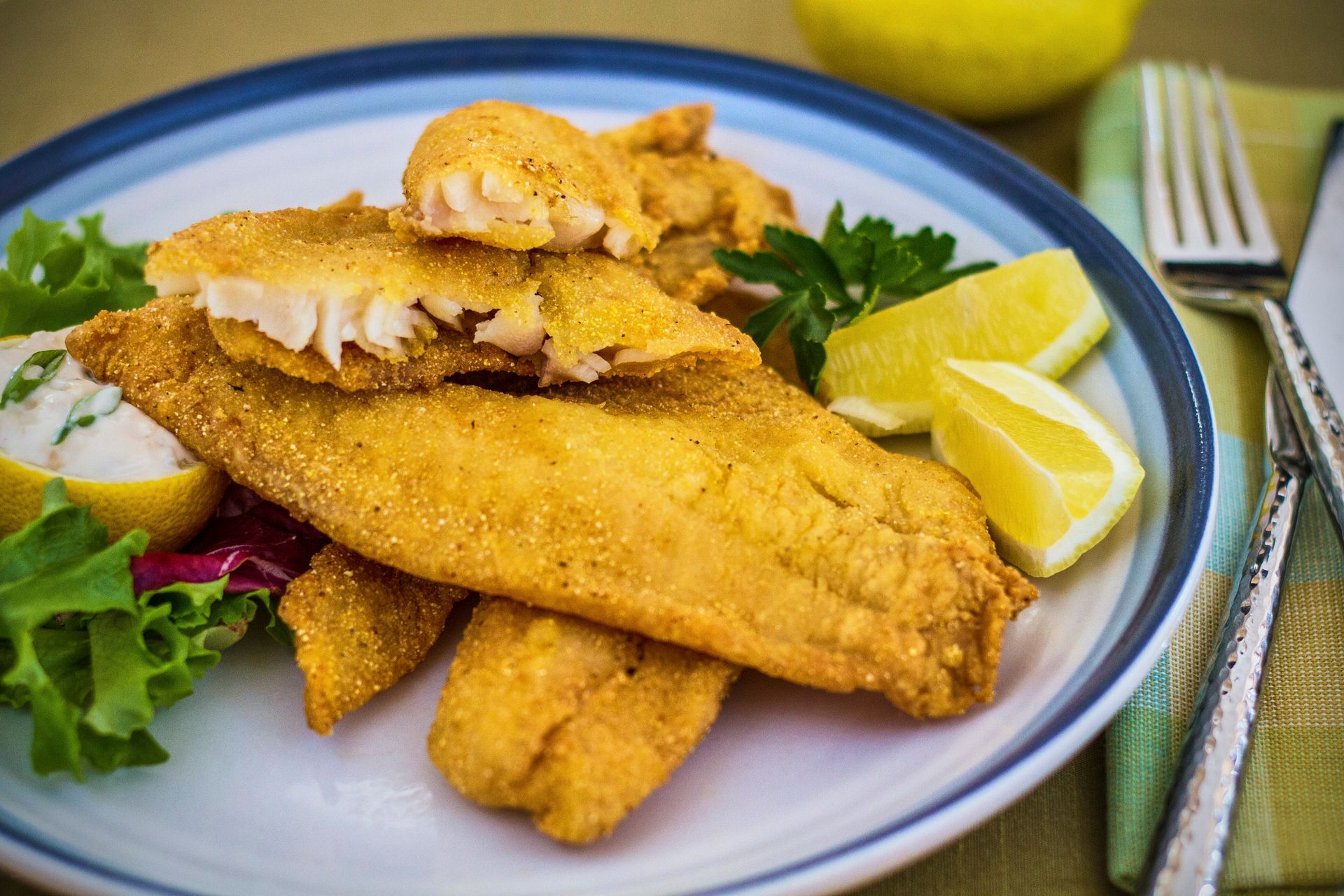 Fried fish fillets on a blue-rimmed plate, with lemon wedges, lettuce, and tartar sauce.