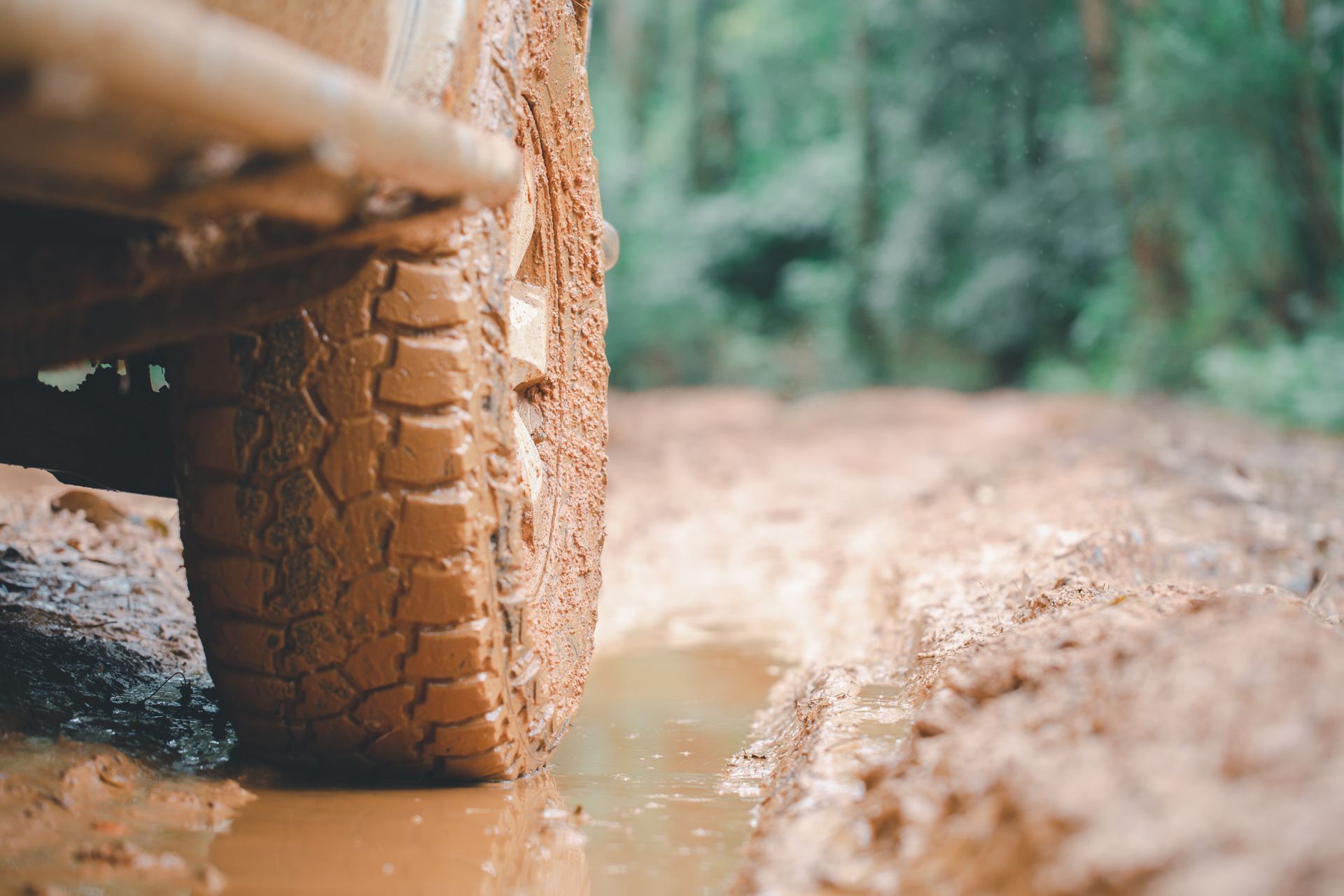Muddy tire of an off-road vehicle on a muddy trail in a forest.