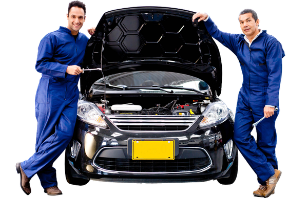 Two mechanics are working on a car with the hood open